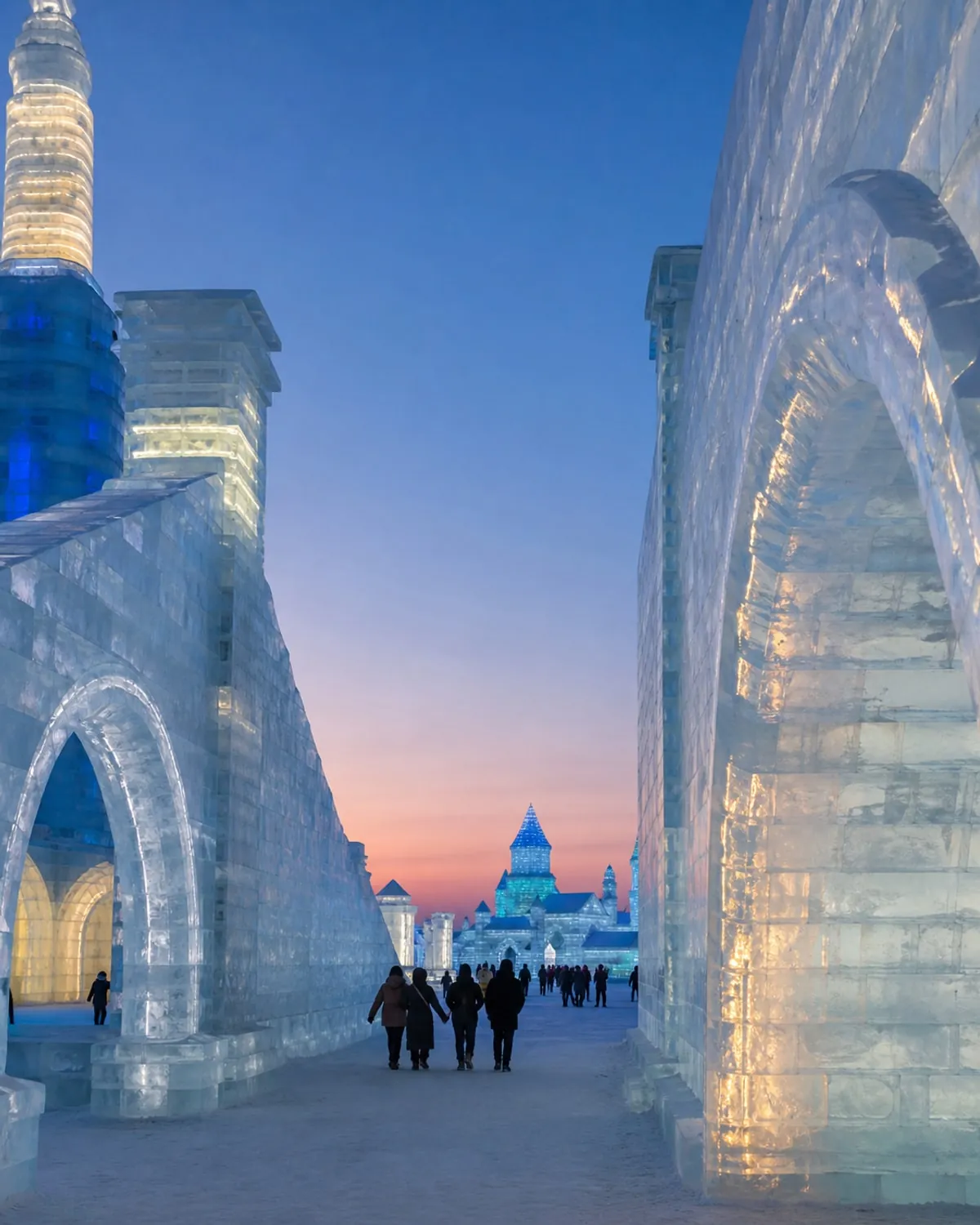 Illuminated ice buildings at Harbin Ice and Snow World