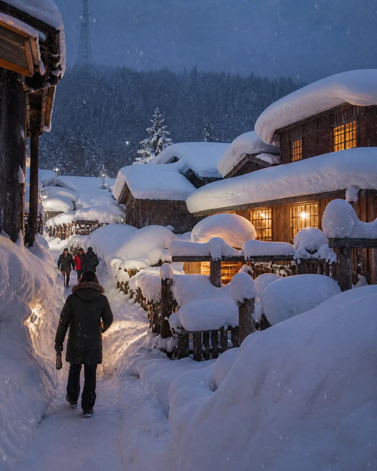 Snow-covered wooden village homes in Northeast China