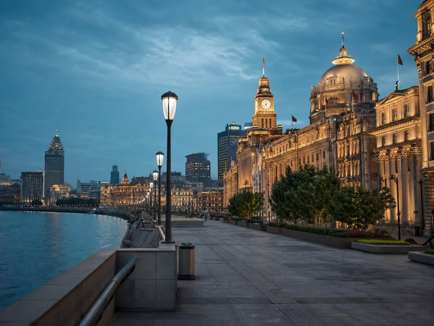 The Bund waterfront in Shanghai at blue hour