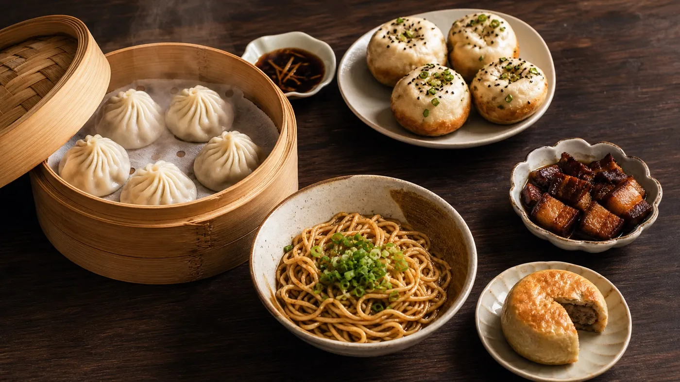 A table of xiaolongbao, shengjianbao, scallion oil noodles, braised pork, and a meat mooncake