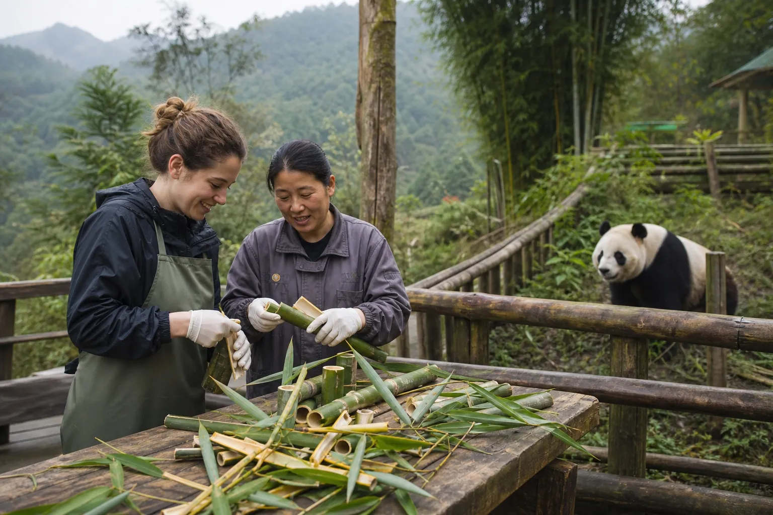 Traveler preparing bamboo with a panda keeper at a Sichuan conservation base