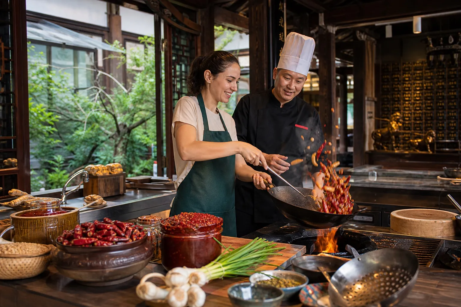 Traveler learning wok cooking from a Sichuan chef