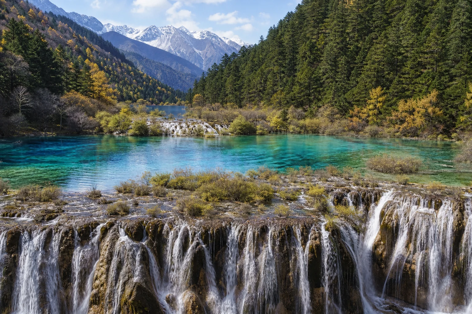 Turquoise lakes and waterfalls in Jiuzhaigou