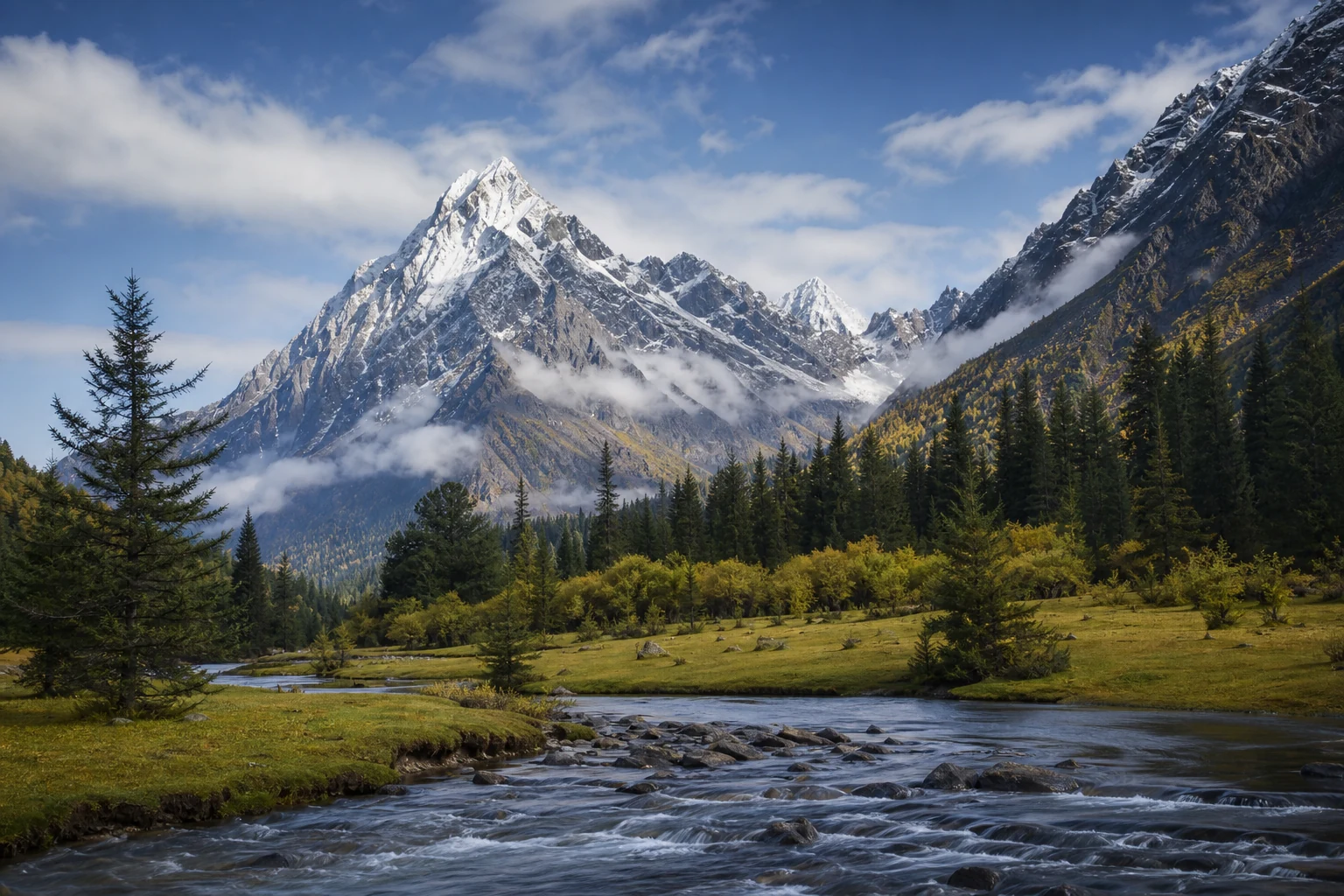 Snow peaks and alpine forest at Mount Siguniang